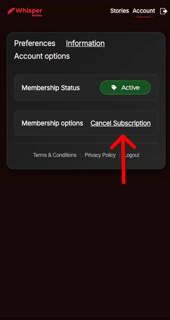 Whisper Stories cancel subscription – step 3